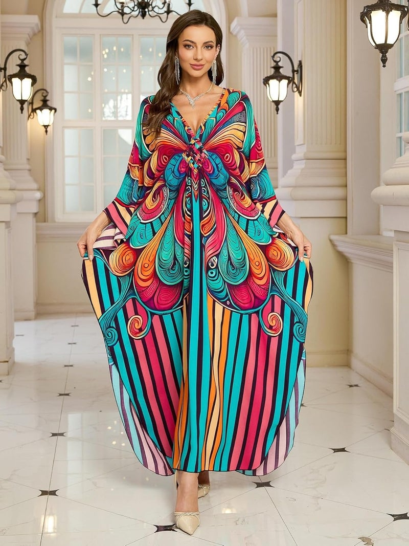 KEYLORTING Women’s Kaftan Beach Cover Up Dress Plus Size Summer Swimsuit Loungewear Maxi Dress - Image 2
